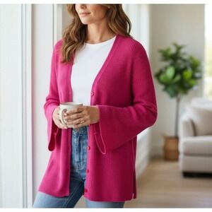 NEW Massimo Dutti Ribbed Knit Bell Sleeve Button Up Cardigan Sweater Pink Size M